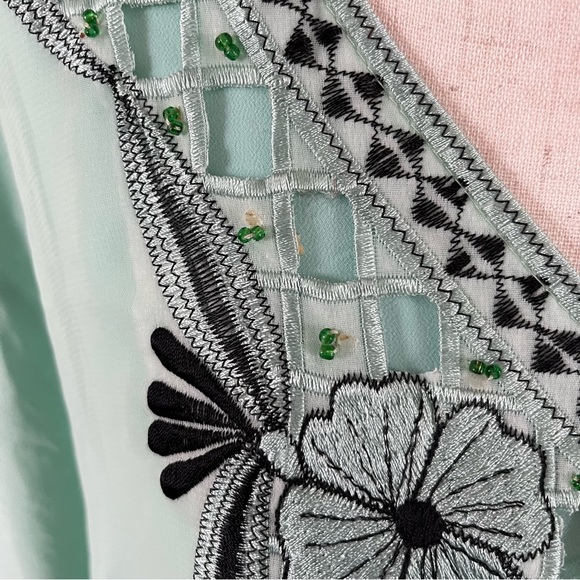 MINT Green Long Sleeve Handmade Embroidered Caftan Maxi Dress with Beading OS - Picture 4 of 11